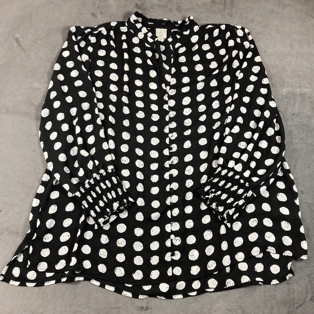 Joie Polka Dot Blouse Black White Ruffle Neck Smocked Cuff Top 1X